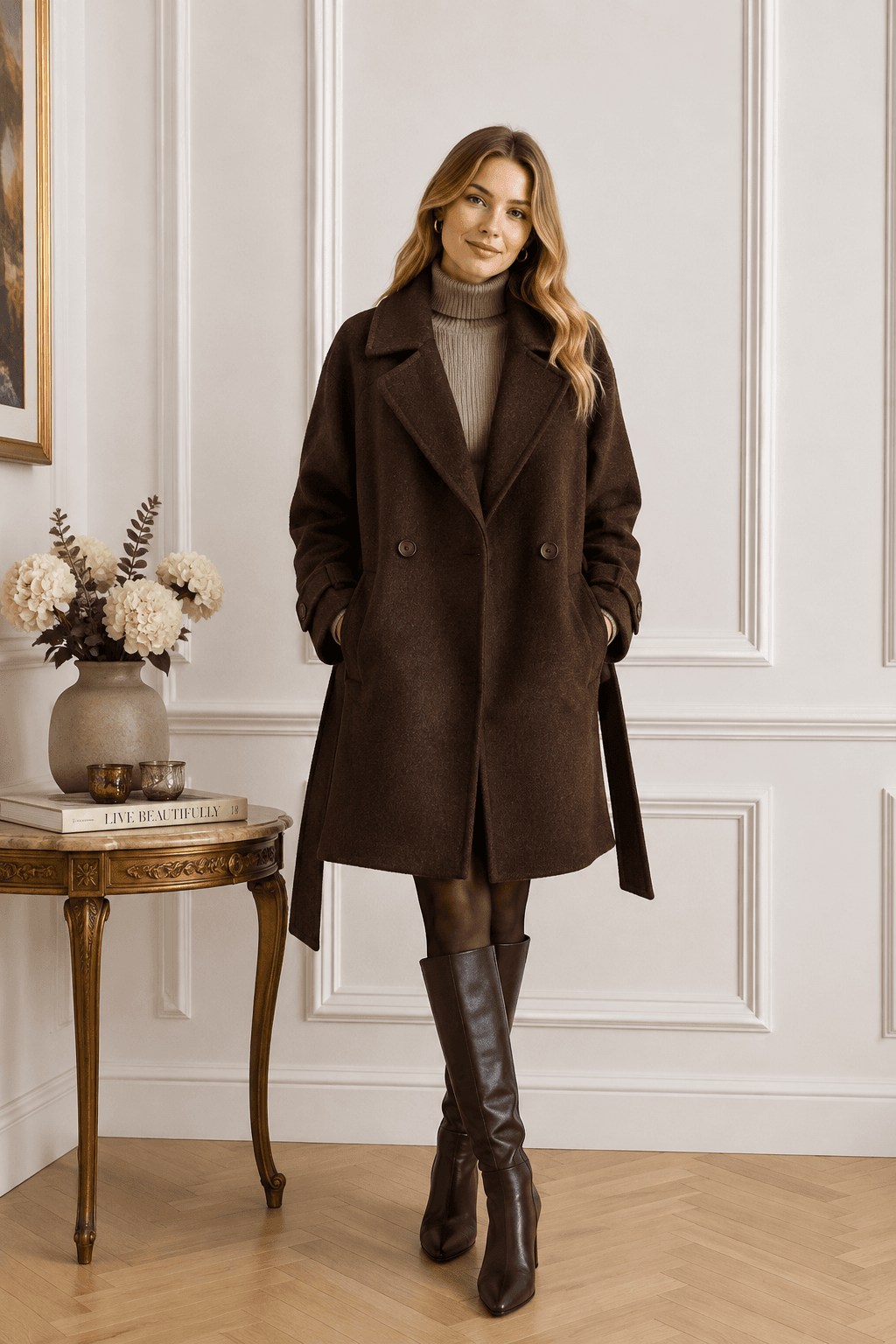 Découvrir le manteau mi-long C008 chocolat, porté